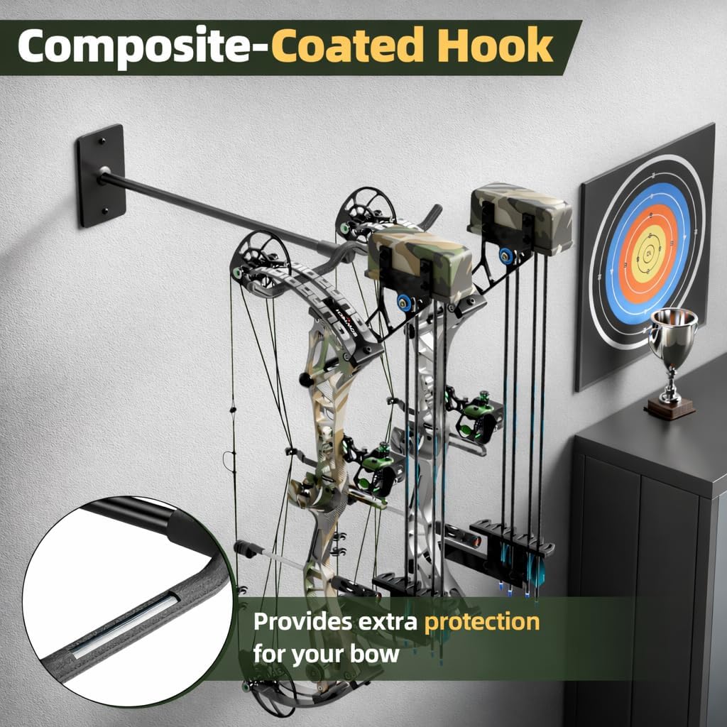 Compound Bow Hanger for Wall - Heavy Duty Steel Compound Bow Holder, Recurve Bow Wall Mount with Durable Composite Padding, Bow Hanger Display for 2 Bows, Vertical Storage Bow Hangers for Wall