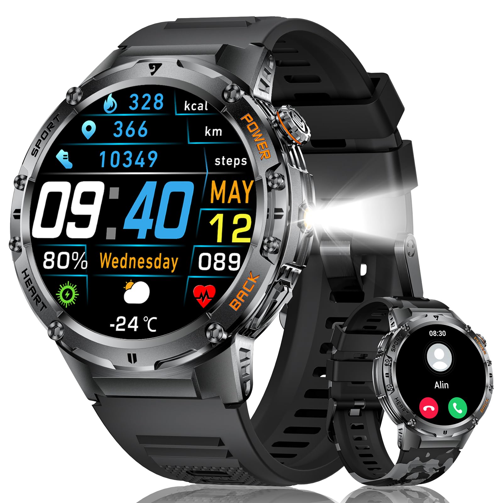 Montre Connectée Homme 1,43'' AMOLED Fitness Tracker Appel Bluetooth Android iOS Sommeil Fréquence Cardiaque Podomètre 5ATM étanche Smartwatch 2 Bracelets