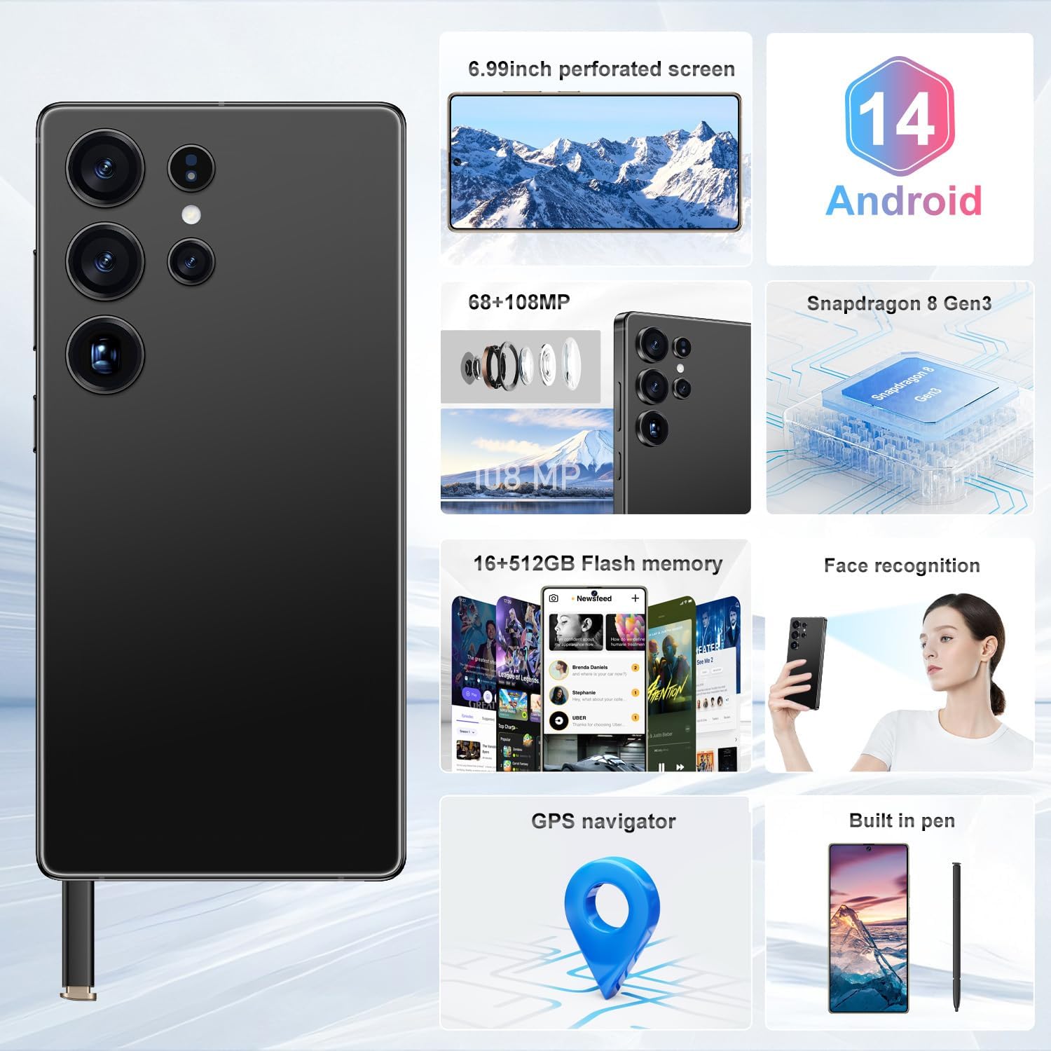 I25 Ultra Unlocked Smartphone,16+512GB Unlocked Phone,6.9" HD+ Display,Built in Pen,Snapdragon 8 Gen3 7000mAh Dual Speakers 5G/Face ID/Fingerprint Lock/Dual SIM/GPS (Black)