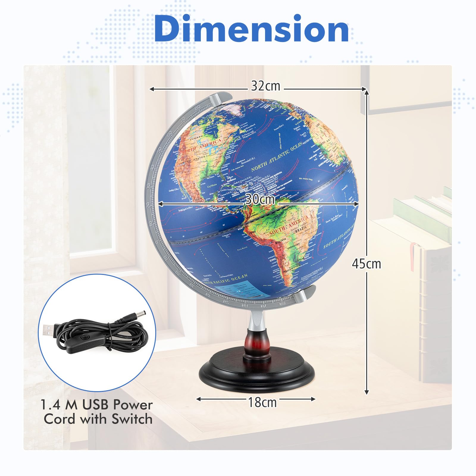 LIFEZEAL 30 cm Globo Terrestre illuminato con illuminazione a LED,Globo da ufficio educativo con rilievo geografico e fusi orari, Gobe geografico con base in legno stabile per studio e decorazione I