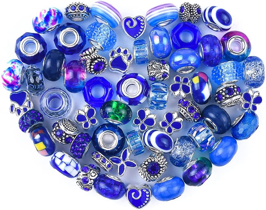 Aipridy European Large Hole Beads, Colorful Glass Charm Beads Set, Assorted Patterns and Designs Rhinestone Craft Beads for DIY Bracelet Jewelry Making (216, Mixed Pack by Color)
