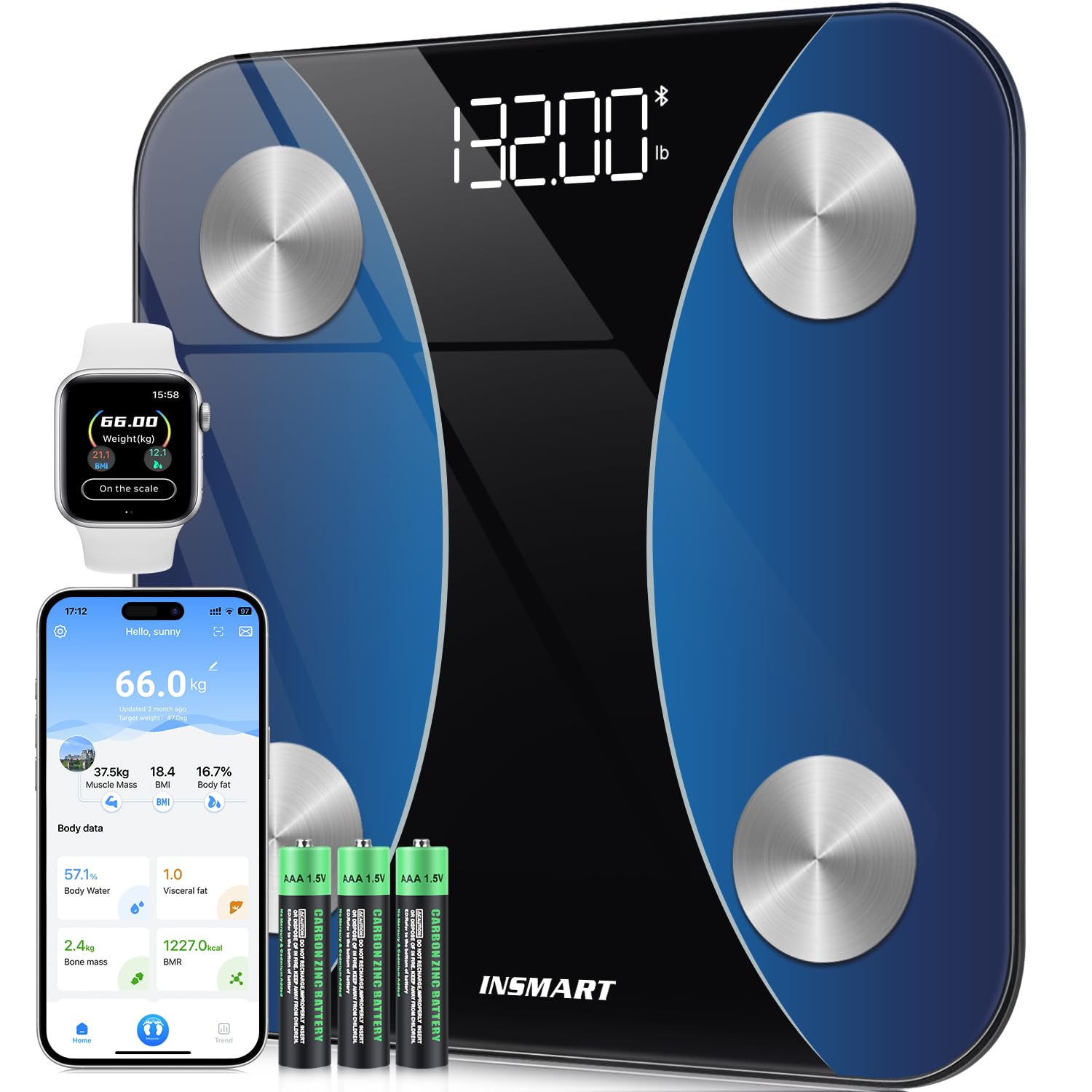 INSMART Scales fot Body Weight, Digital Personal Smart Scales with App, Bluetooth Scales for Body Fat, BMI, Weight, Pulse Rate, Muscle Mass, Water, Protein, Bone Weight, BMR, etc. Bllue