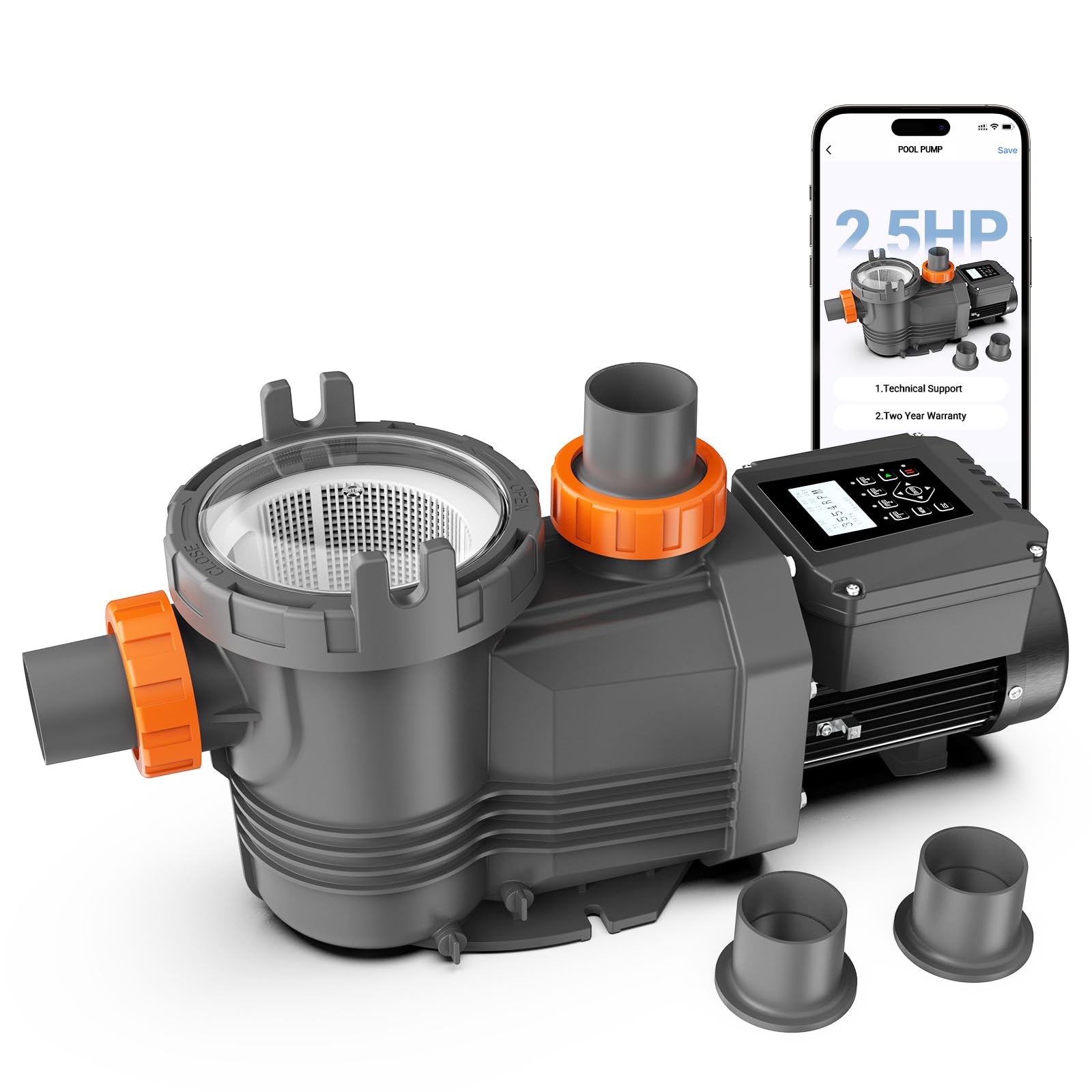 Image showing the Varpoolfaye 2.5 HP Variable Speed Pool Pump with its dimensions and various pipe connectors.