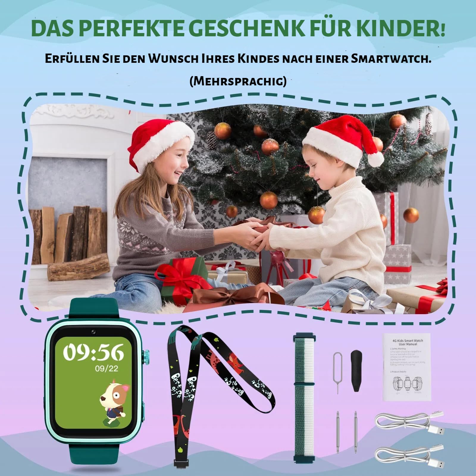 OKYUK Smartwatch dziecięcy 4G z trackerem GPS, dwukierunkowe połączenia, SOS, smartwatch z wieloma stylami pulpitu do wyboru dla 6-12 chłopców i dziewczynek (ciemnozielony)
