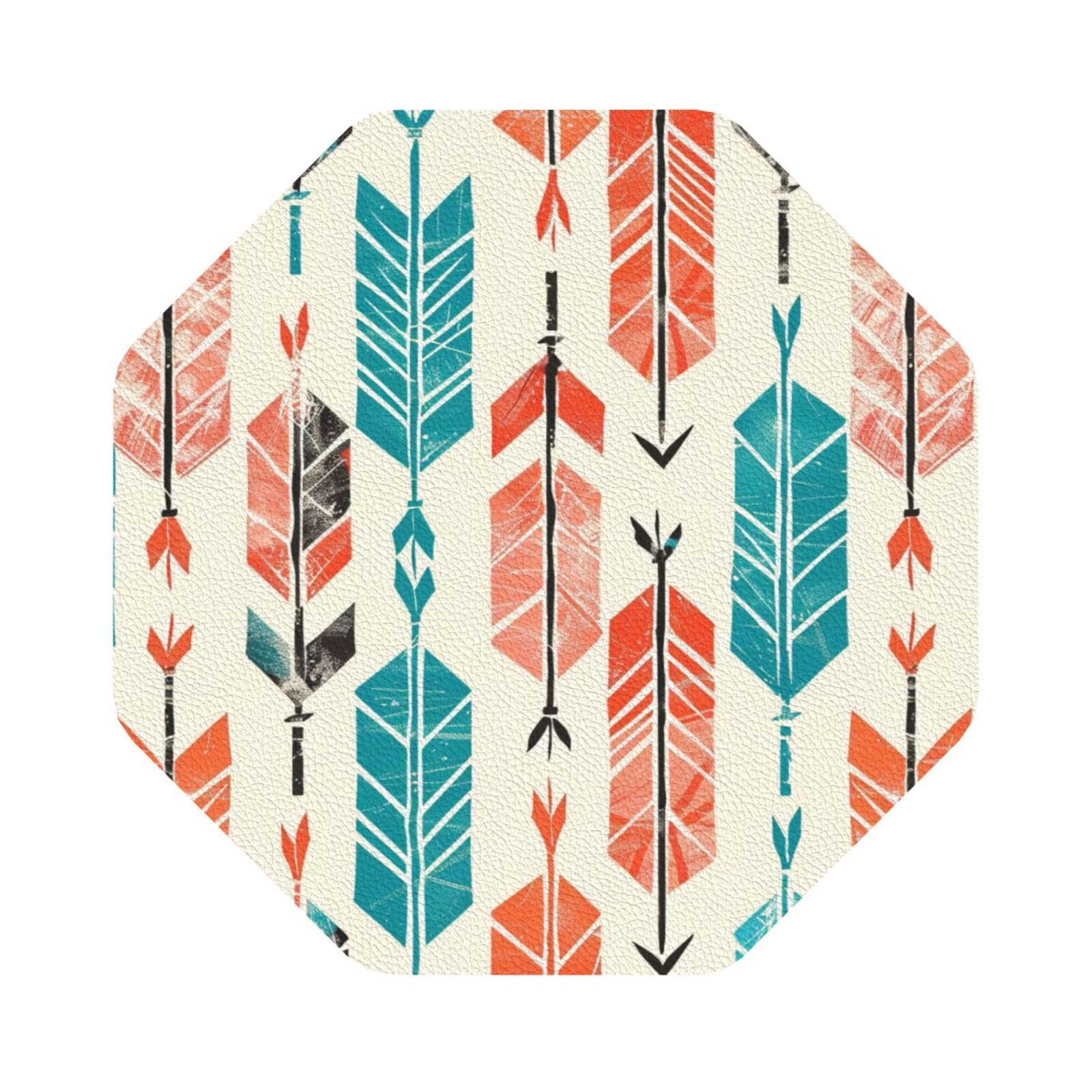 Coral and Teal Arrows Print Leather Coaster Set of 6, Octagon Coasters Table Decorative Coffee Cup Beverage Coasters Wine Beer Bar Coasters for Hot Drinks Table Protection