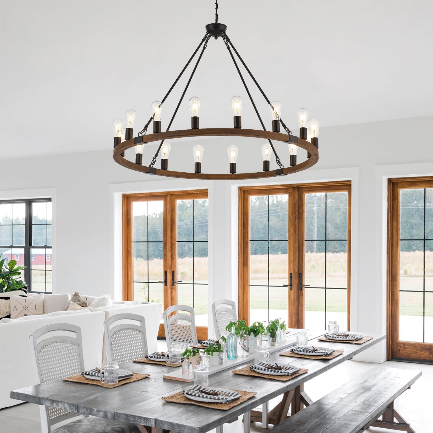 Wood Wagon Wheel Chandelier Farmhouse 16-Light 43.3’’ Brown, Black Metal Pendant Chandeliers Wooden Vintage Rustic Light Fixtures Industrial for High Ceiling Living Dining Room Foyer Villa