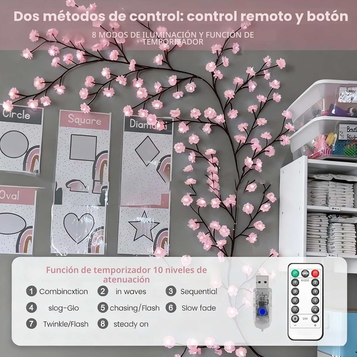 Guirnalda de flores de cerezo con 144 LED, alimentación USB para pared | Luces decorativas con mando a distancia, 8 modos de iluminación, para paredes de dormitorios, salones y fiestas