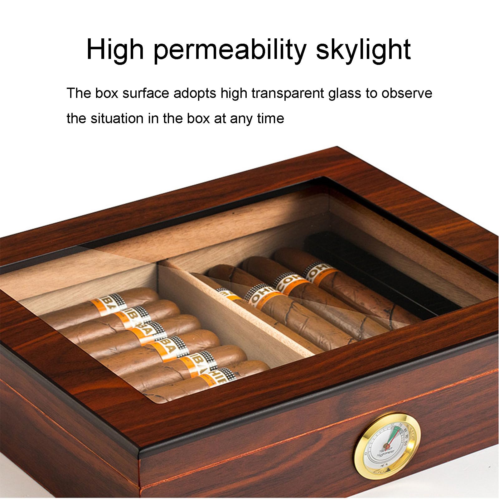 Humidificador de temperatura constante con termohigrómetro integrado, almacenamiento de doble partición, tragaluz de alta permeabilidad, bisagras de metal para una óptima conservación del cigarro