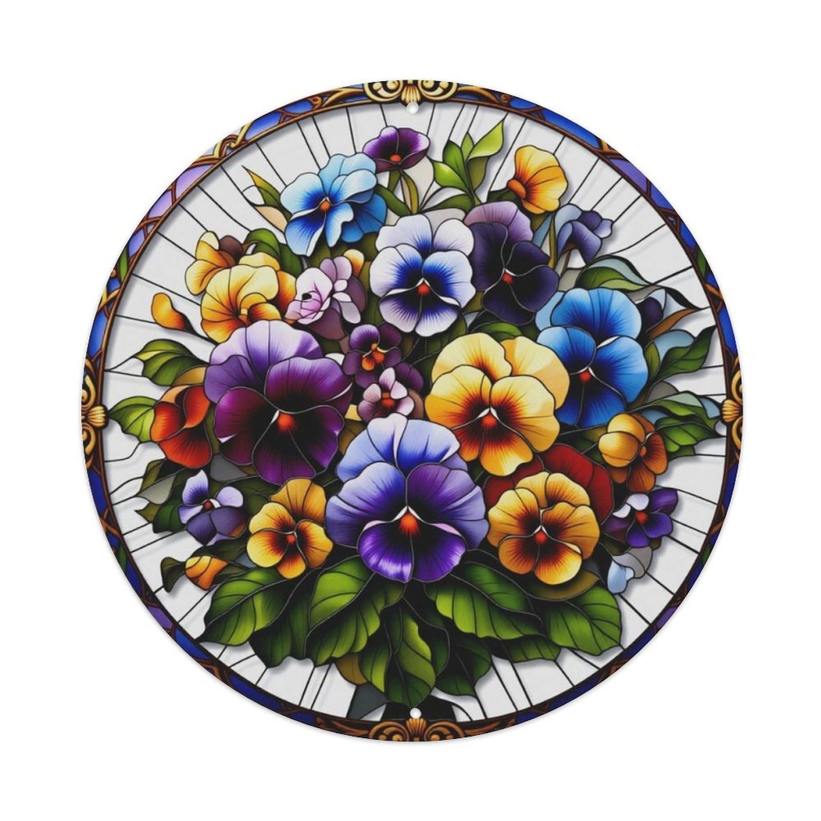 Pansy Floral Round Decor Sign Vintage Aluminium Metal Sign, Retro Wall Decor for Home, Bar, Garage & Farmhouse 20x20cm