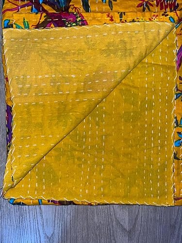 Miniatura 3 de Manta Kantha de algodón hecha a mano, manta de Kantha con estampado de pájaros, colcha reversible Kantha (60 x 90 pulgadas, amarillo)