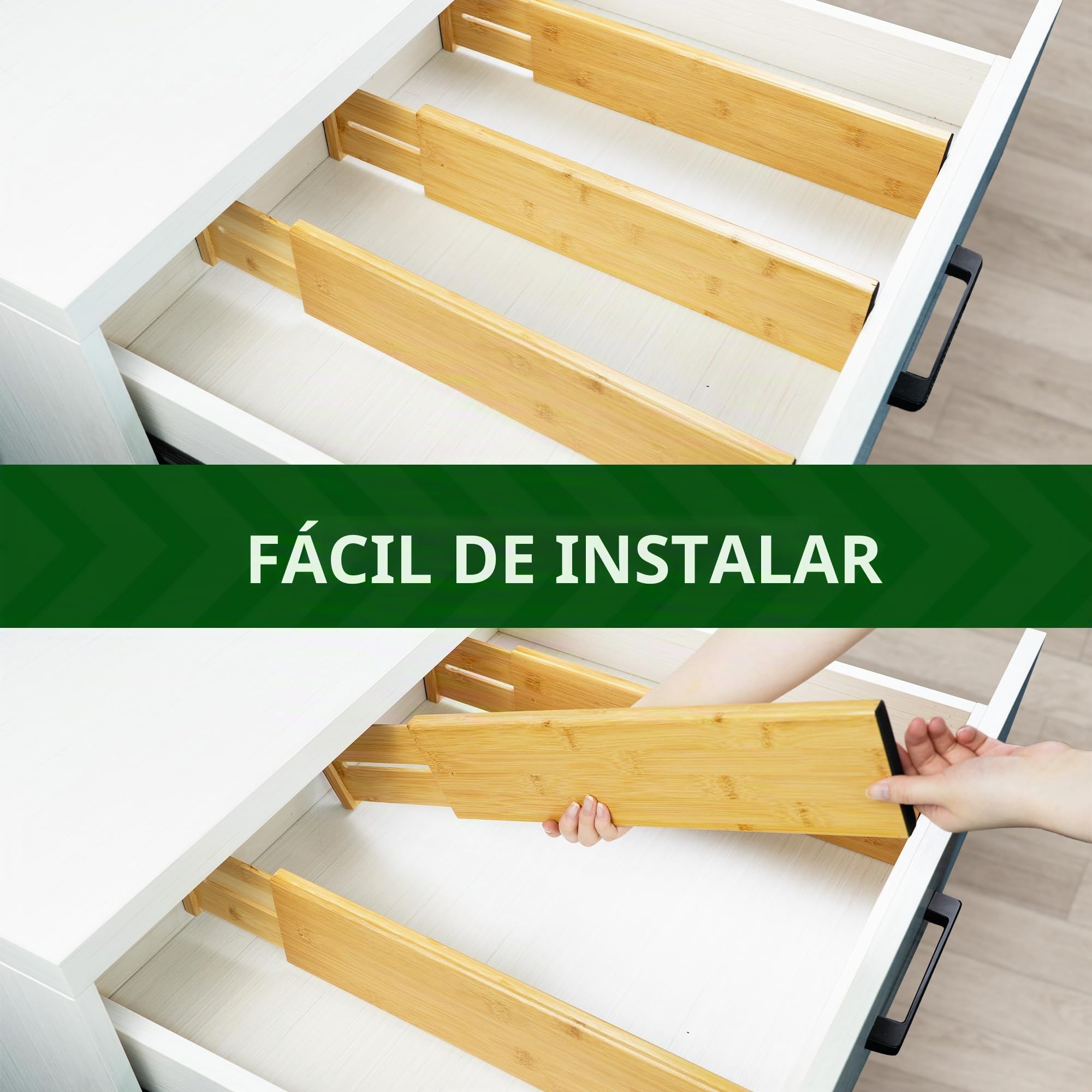 VaeFae Juego de 3 Separadores de Cajones Ajustables de Bambú, Extensibles de 30,2 a 43,5 cm, Organizadores para Cajones de Ropa, Cocina, Armario y Oficina