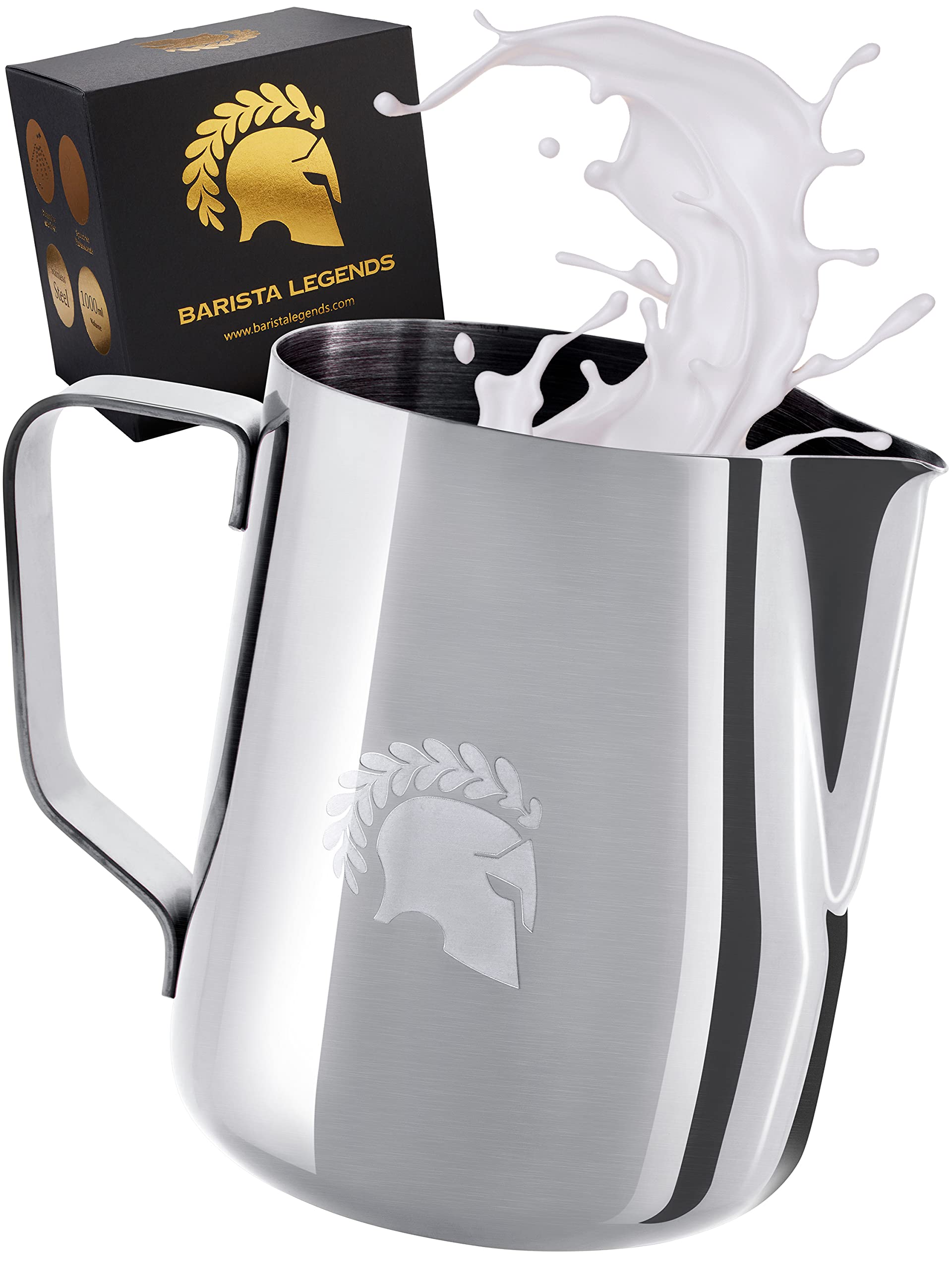 Barista Legends® Barista Milk Jug Stainless Steel 1000 ml with Special Latte Art Spout, Milk Foam Jug High Gloss Polished