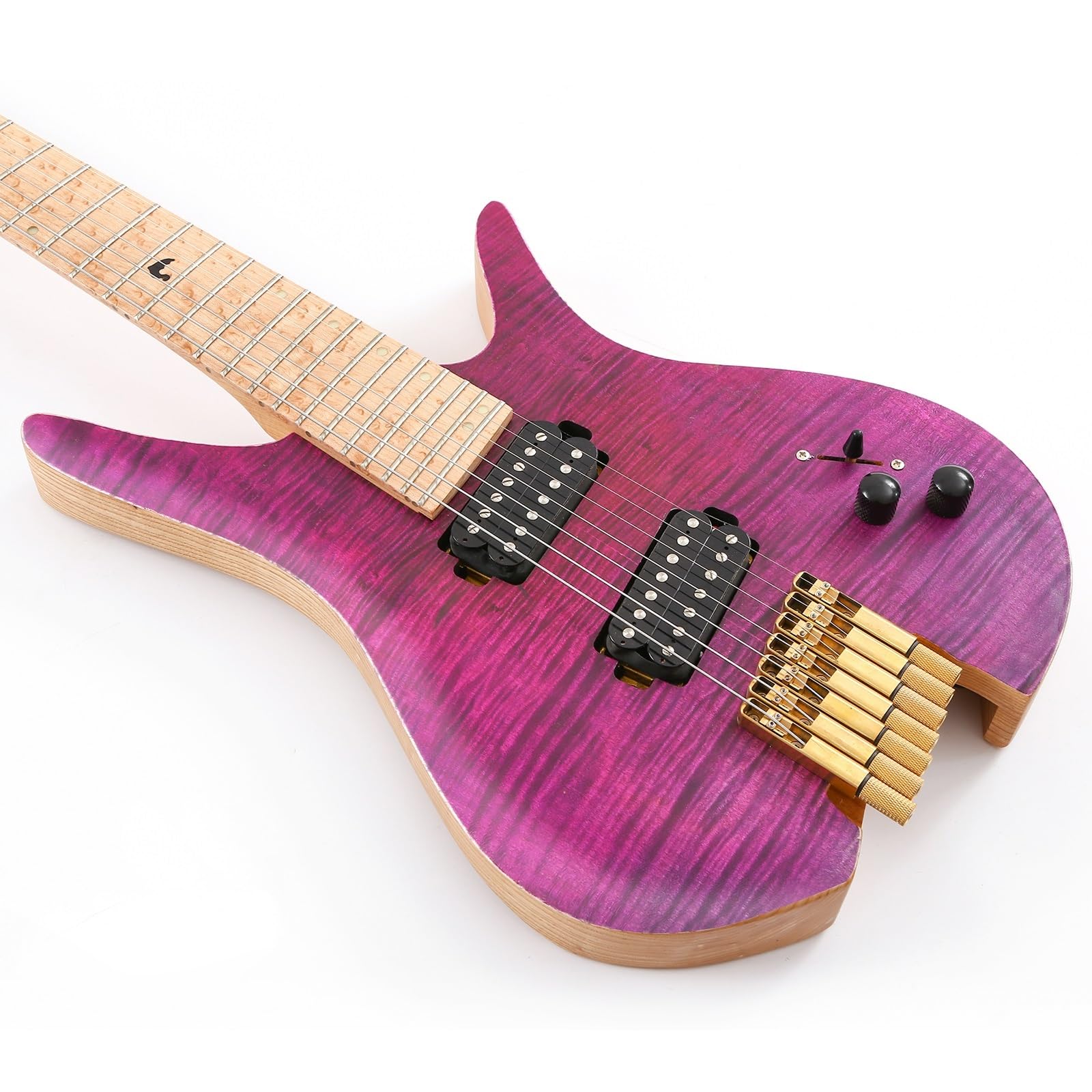 7-strunowa, bezgłowa elektryczna gitara podróżna ze stali nierdzewnej, drewno jesionowe z okleiną z klonu płomienistego Początkujący Bezgłowy Gitara Elektryczna