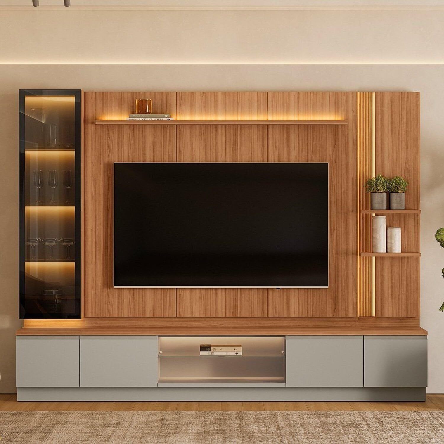 Conjunto Rack com Painel para Tv até 75 Polegadas com Cristaleira Magnum Canela/Gris Fosco