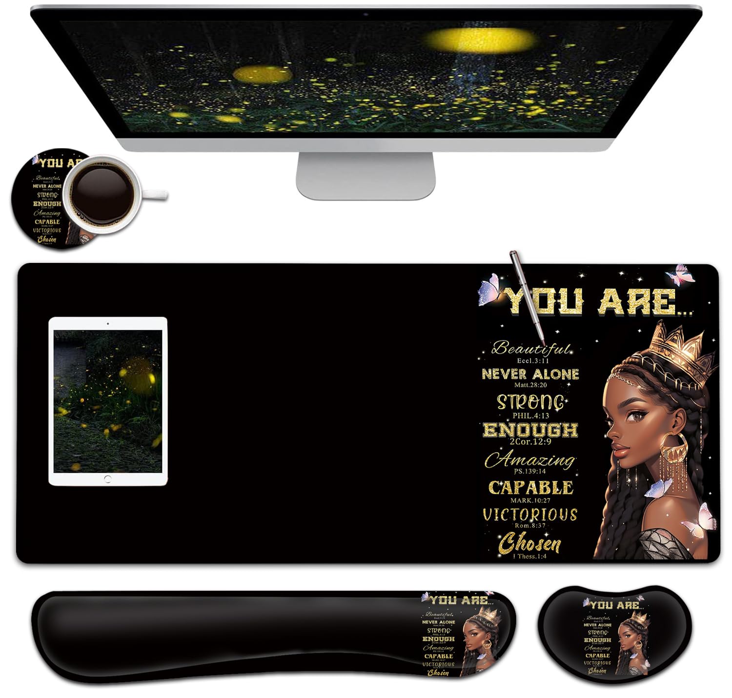 Großes Mauspad + Tastatur-Handgelenkauflage-Set, erweitertes Gaming-Mauspad (80 x 29 cm), ergonomische Handgelenkauflage aus Memory-Schaum, Handgelenkauflage, afrikanische Amerikanerinnen mit