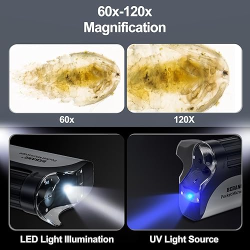 Miniatura 5 de BEBANG Microscopio de bolsillo, mini microscopio de mano 60X-120X para niños con zoom iluminado LED, kits de microscopio portátil con 5 diapositivas