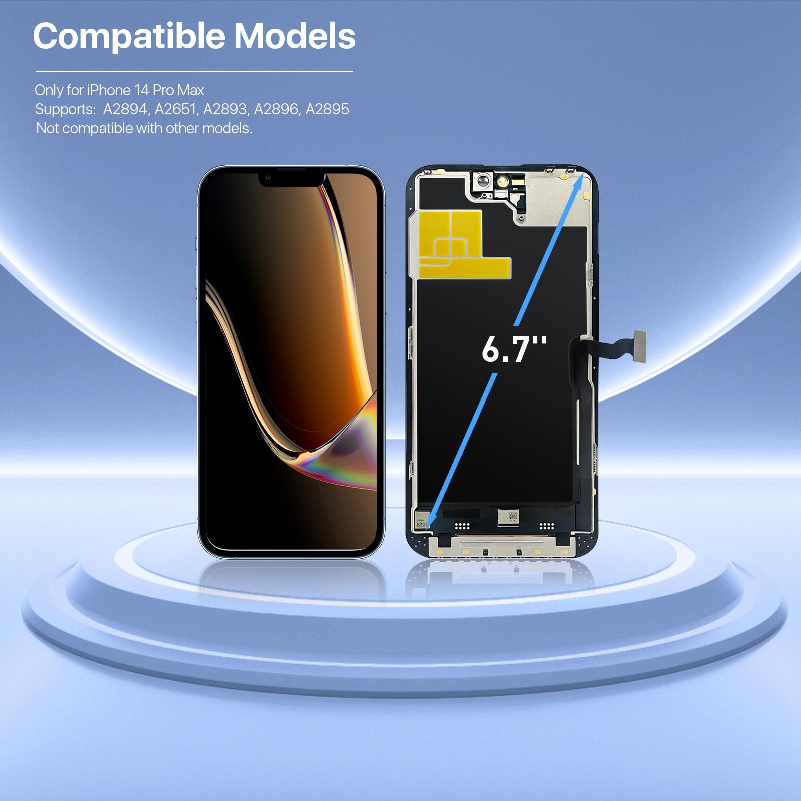 Schermo 14 Pro Max, LCD Touch Screen Digitizer Assembly con kit di riparazione completo + protezione schermo + adesivo impermeabile