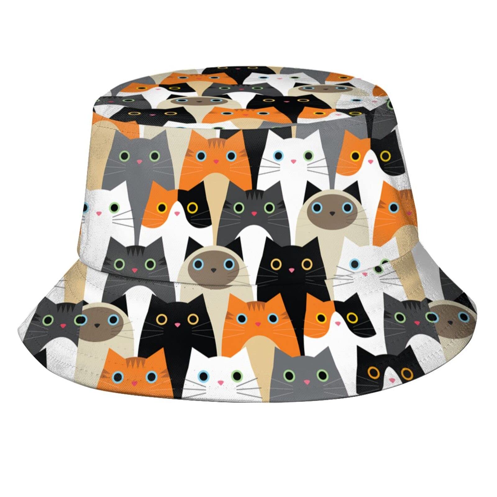 Kwqdozf Unisex Cute Cats 7 Cartoon Cat Bucket Hats Funny Animal Cat Hat Sun Cap Packable Outdoor Travel Beach Fisherman Hat For Women Men