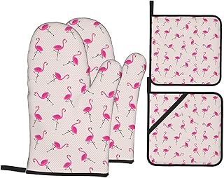 Pink Flamingos Print Oven Mitts and Pot Holders 4 Pcs Set Oven Glove and Potholder Suitable for Barbecues Baking Cooking Microwave