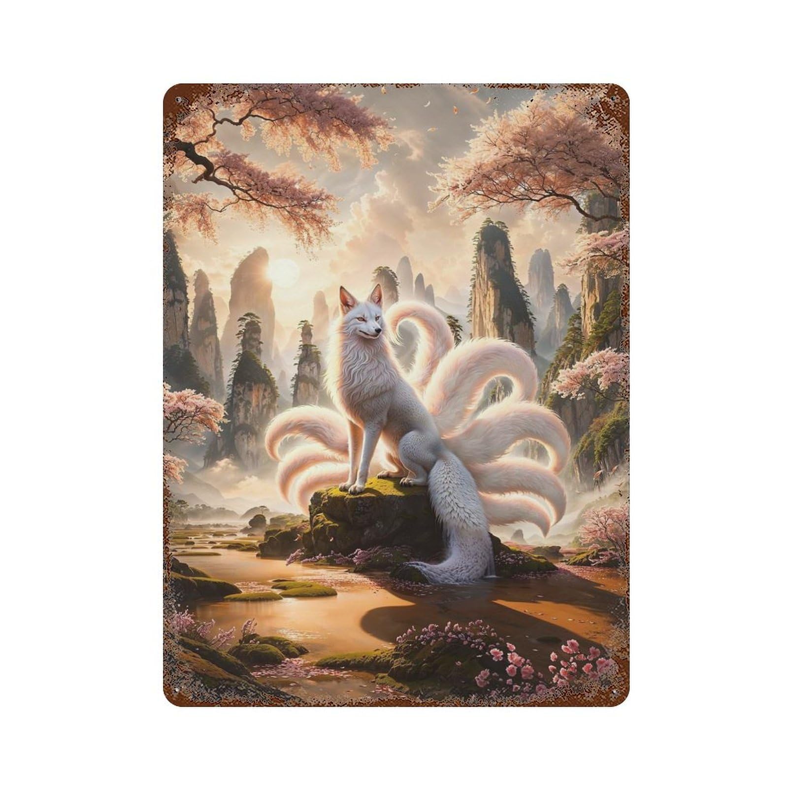 The Nine Tailed Kitsune Weathered Tin Sign 15.7"x11.8", Ideal for Basement, Hobby Room And Garage Decor