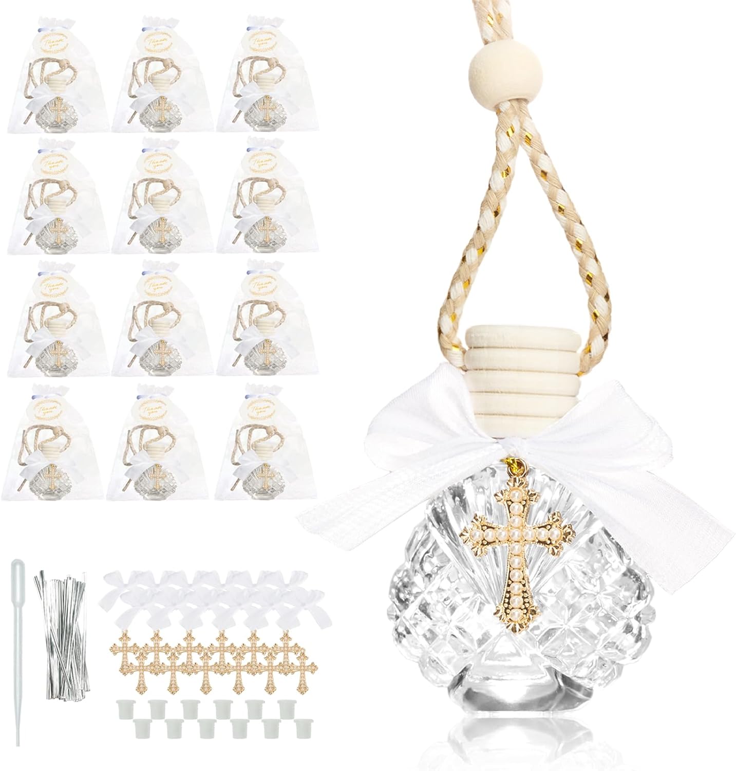 12Pcs Holy Water Bottles Baptism Party Favor Small Travel Holy Water Container Glass Catholic Gifts with Cross (White)