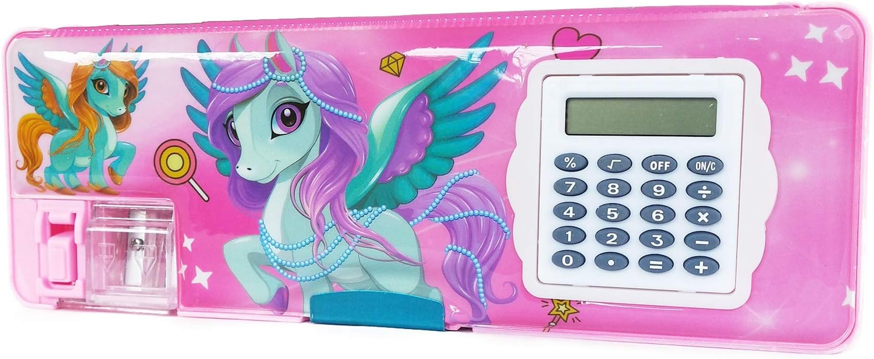Shifaa Enterprise Plastic Multipurpose Magnetic Pencil Box With Calculator & Dual Sharpener For Girls & Boys For School, Big Size Cartoon Printed Pencil Case For Kids (Unicorn Pink Green)