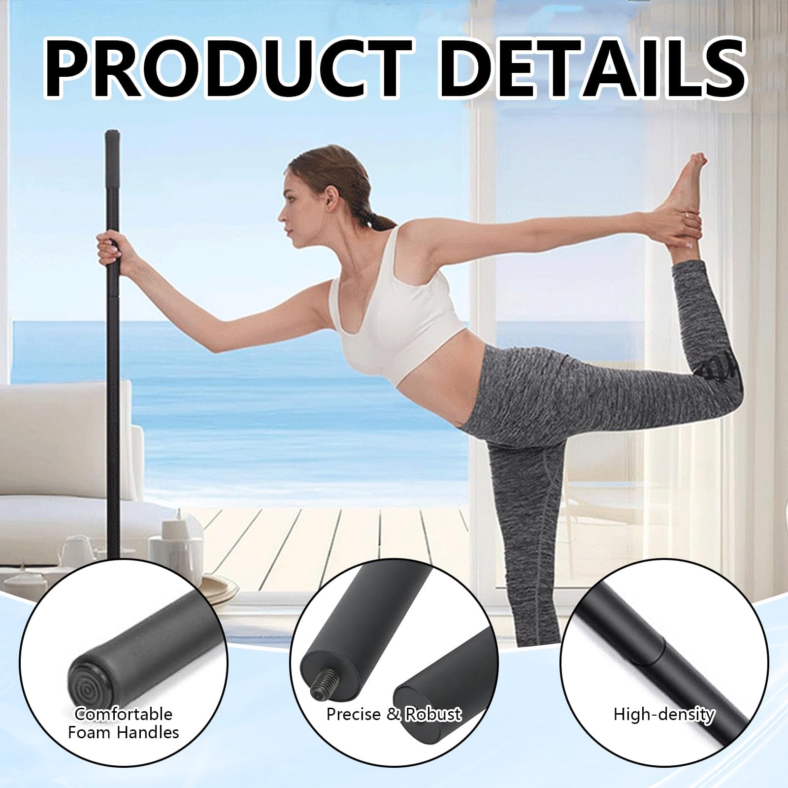 Barra de Yoga, Bastón de Yoga Portátil 151 cm, Ajustable Barra Gimnasio Fitness para Pilates Yogas, Equipo de Entrenamiento de Ayuda Depor para Flexibilidad y Fuerza para Hogar Gimnasio