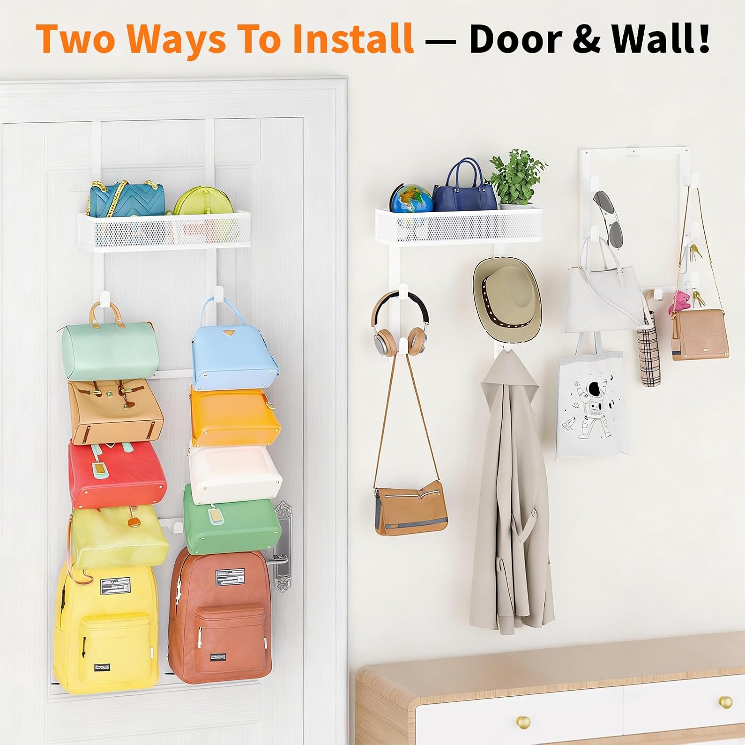 Kaiferty Over the Door Purse Organizer for Closet, Over the Door Hooks Wall Mounted Handbag Rack with 12 Hooks & Metal Basket, Holds up to 12 Bags, Use as 1 or 2 Pieces, for Door, Closet White
