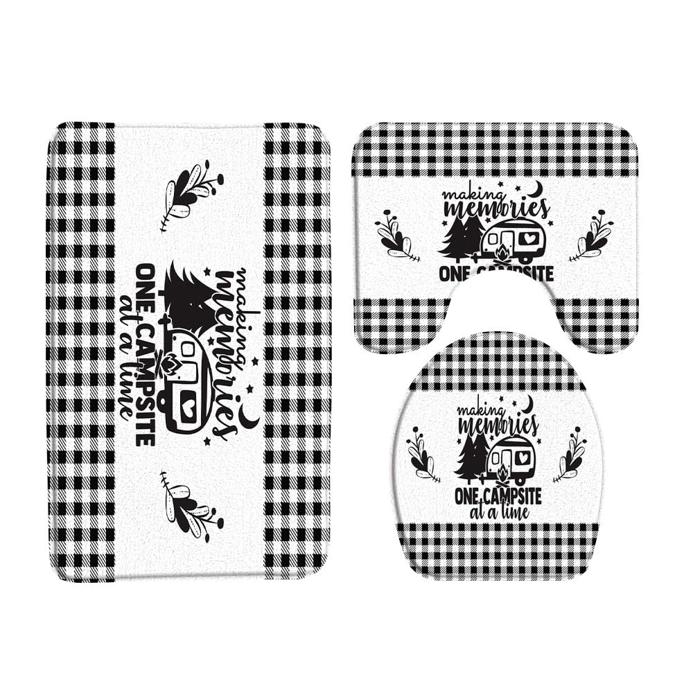 VPUPCN 3 Pcs Camper RV Bath Rugs Set,Farmhouse Camping Travel Trailer Rustic Buffalo Plaid Happy Camp Kitchen Rug with 24