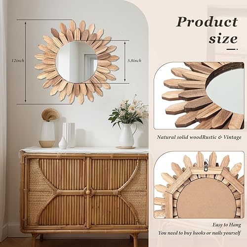 Miniatura 2 de Beeveer Espejo de pared bohemio de 3 piezas, espejo de madera rústica de 12 pulgadas, espejo de pared rústico, decoración de habitación, espejos