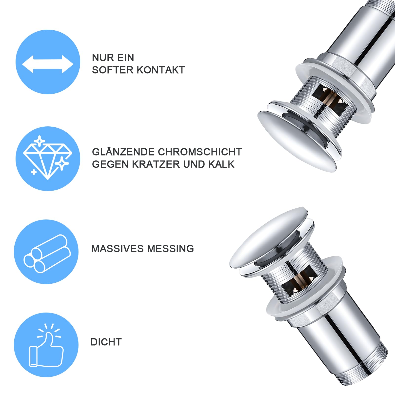 Piletta Lavabo con Troppopieno in Acciaio Inox, Valvola Pop-Up Universale per Lavandino