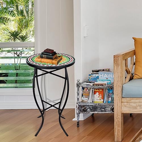 Miniatura 8 de Vipush Mosaic - Mesa auxiliar para exteriores, soporte plegable redondo de 14 pulgadas para patio, jardín, balcón, porche, mesa auxiliar de interior