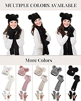 Vista 6 de Conjunto de gorro, bufanda y guantes de invierno para mujer, gorro con forro polar con doble pompón, guantes para pantalla táctil, bufanda de punto