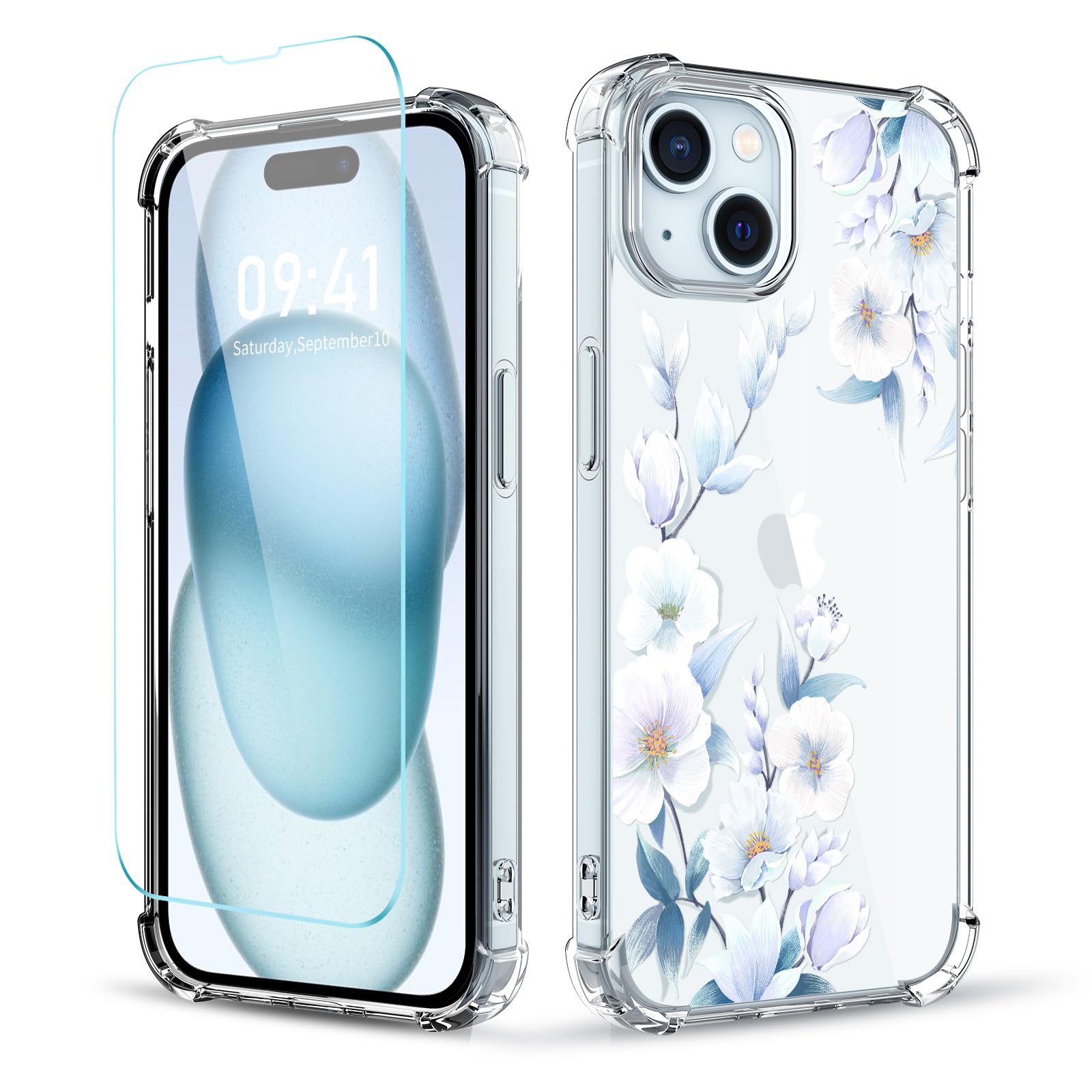 YOYORI Compatible with iPhone 15 Case with Screen Protector, Flower Pattern Design, Floral Clear Women Phone Case Shockproof Protective Soft Bumper Cover 6.1 Inch 2023(Flower-4)