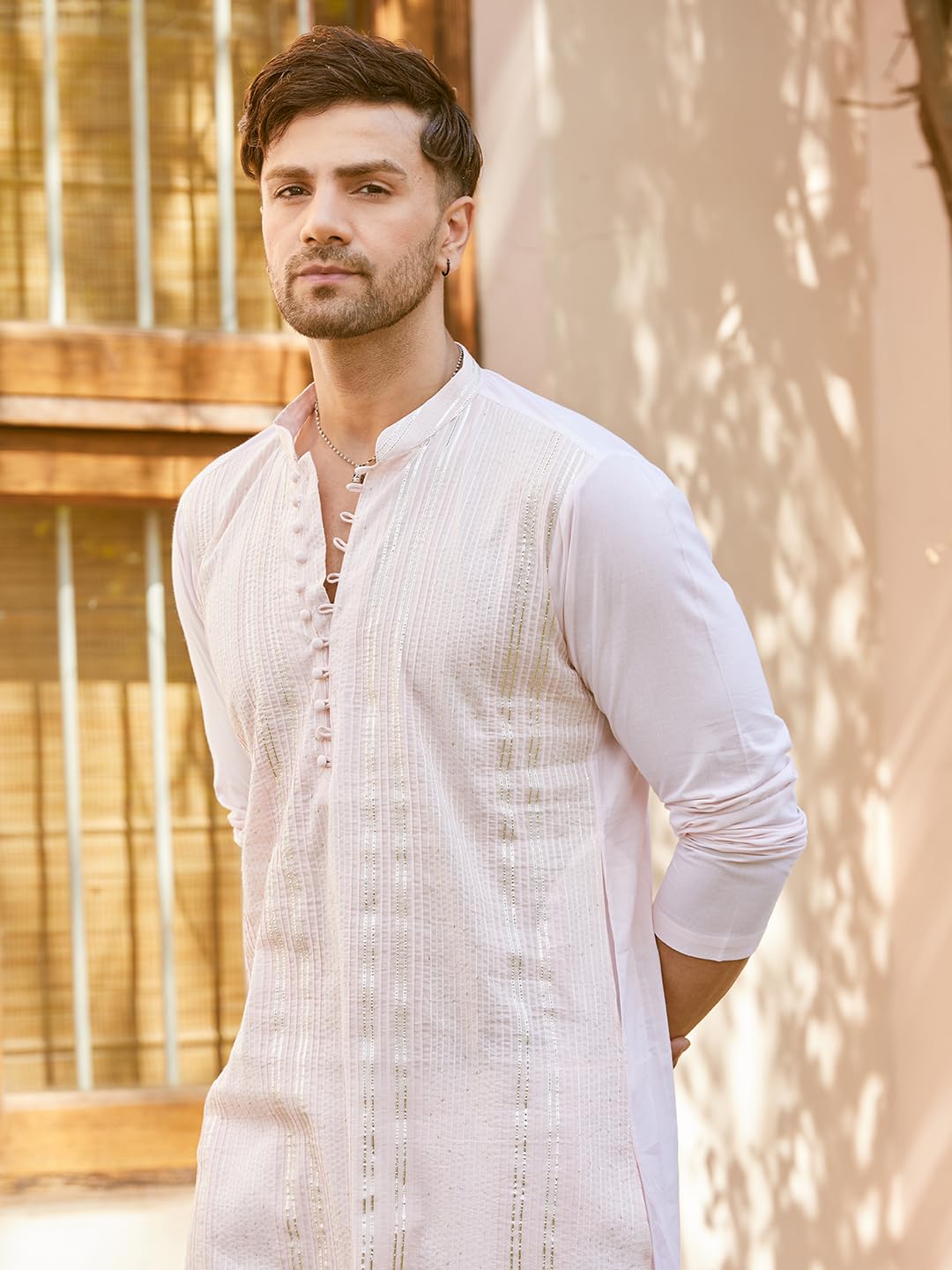See Designs Men Full Sleeve Pink Cotton Pintex Design Sequins Mandarin Collar Side Slit Kurta - Sd2Kt_2460Xxl