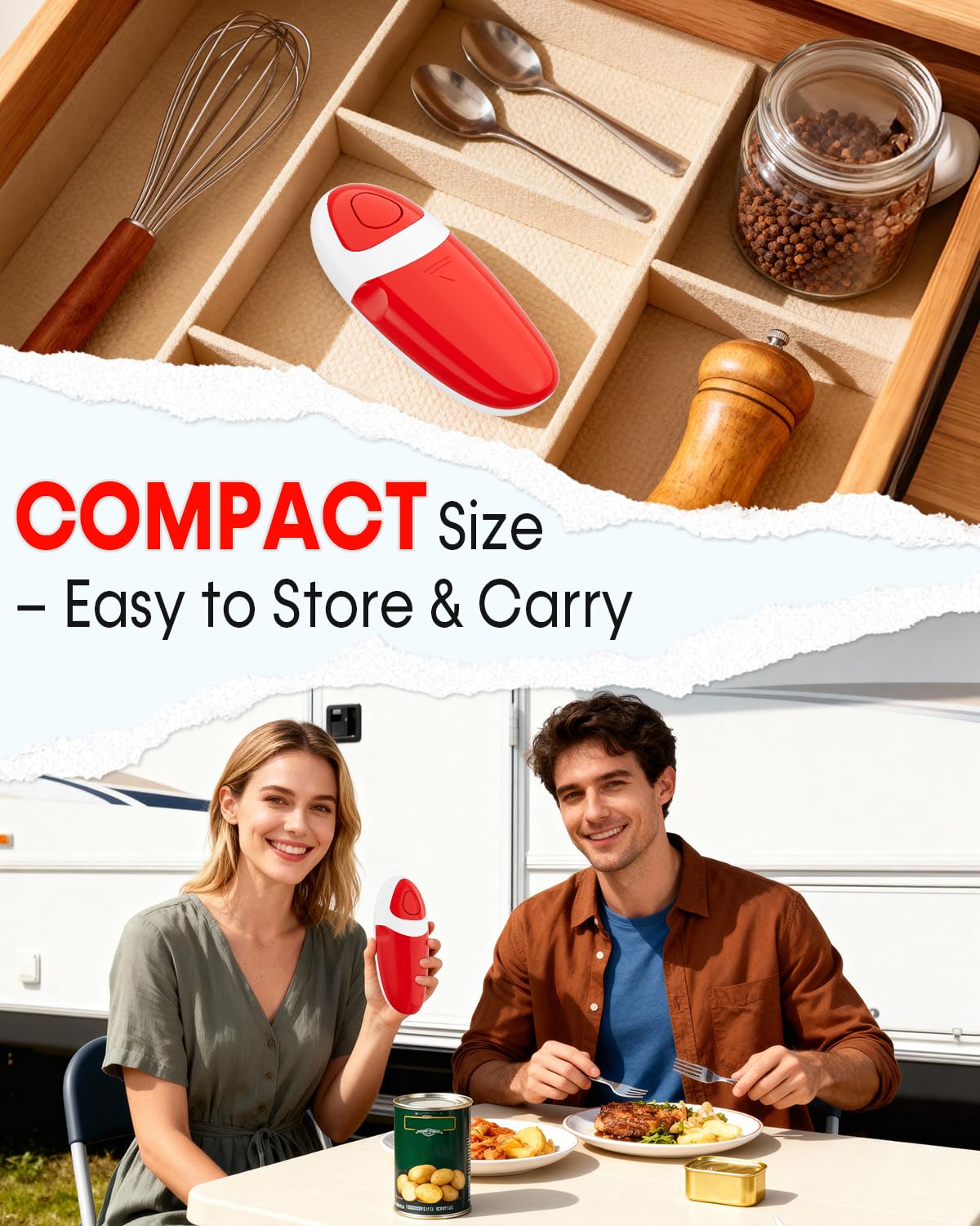 Abrelatas eléctrico para personas mayores, fácil de usar, corte lateral, con motor de potencia, se adapta a todos los tamaños de latas, funciona con pilas, manos libres para cocina (rojo)