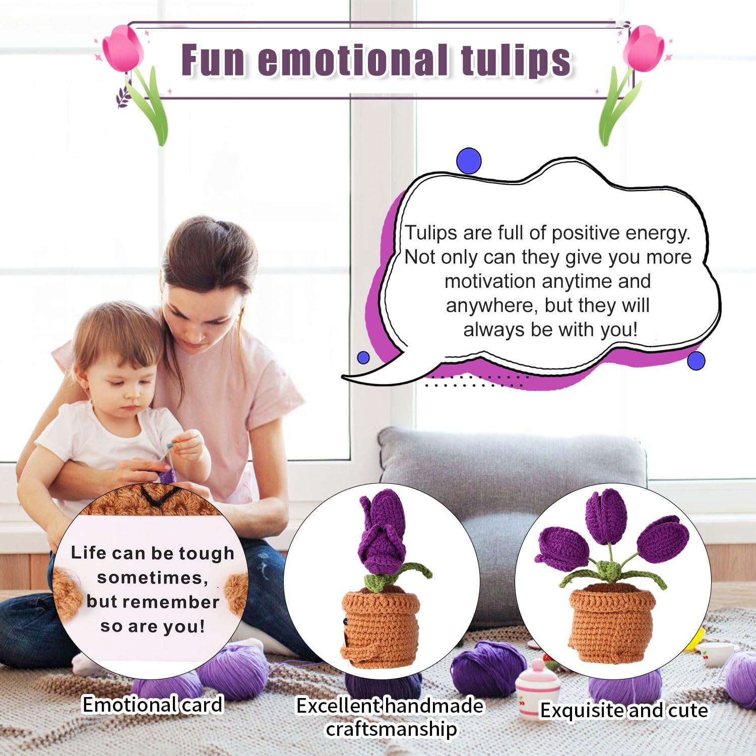 TOYMIS Positive Tulip, Crochet Toy Handmade Inspirational Decoration Emotional Doll with Motivational Card Knitted Flower Mother's Gift for Mom Home Office Decor (Purple)
