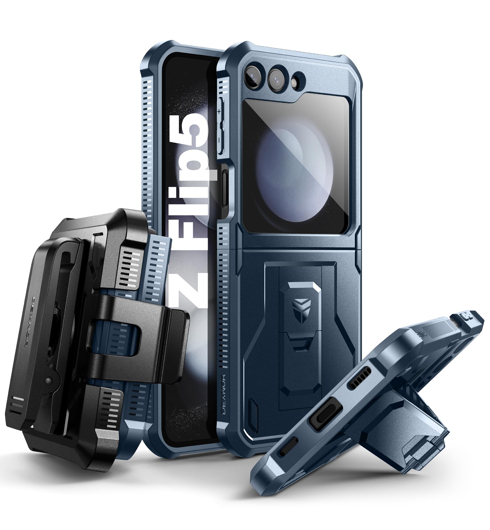 Dexnor Etui do Samsung Galaxy Z Flip 5 5G, Podwójna Warstwa + Stand, Wytrzymałe, Niebieski