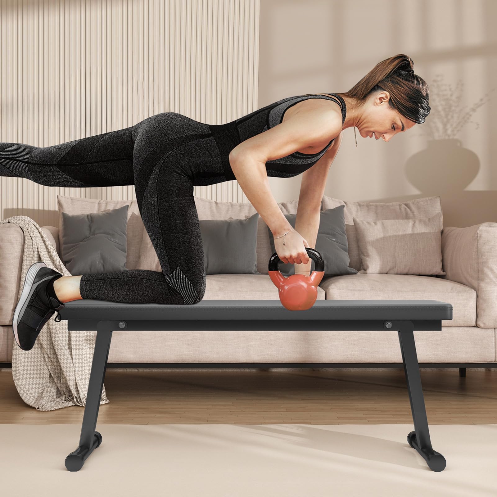 Banc Plat, Banc d'haltères Pliable, Salle de Gym à Domicile, Appareil d'exercices abdominaux, Musculation avec Coussin en Simili Cuir, Double mécanisme Verrouillage, équipement Fitness pour