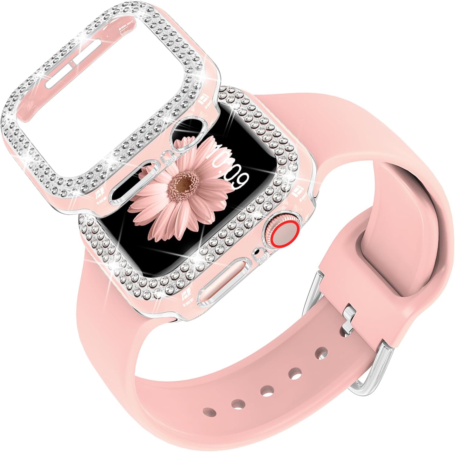 DABAOZA Compatible for Apple Watch Bands 42mm with Bumper, Bling Glitter Women Silicone Soft Comfortable Strap for iWatch SE Ultra 3 2 Series 11 10 9 8 7 6 5 4 3 2 1（Pink Silver，42）