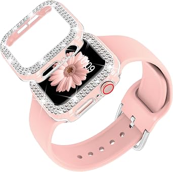 DABAOZA Compatible for Apple Watch Bands 40mm with Bumper, Bling Glitter Women Silicone Soft Comfortable Strap for iWatch SE Ultra 3 2 Series 11 10 9 8 7 6 5 4 3 2 1Pink Silver,40
