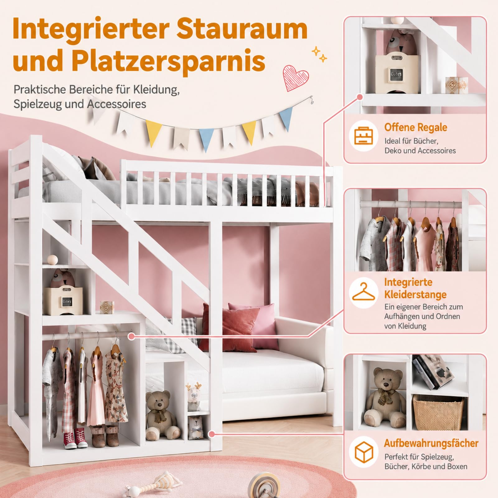 Hochbett 90x200 cm, Etagenbett mit Treppe und Rausfallschutz, Kinderbett mit Aufbewahrungsschrank, Funktionsbett Kinderhochbett Stockbett mit Lattenrost, Spielbett für Jungen Mädchen