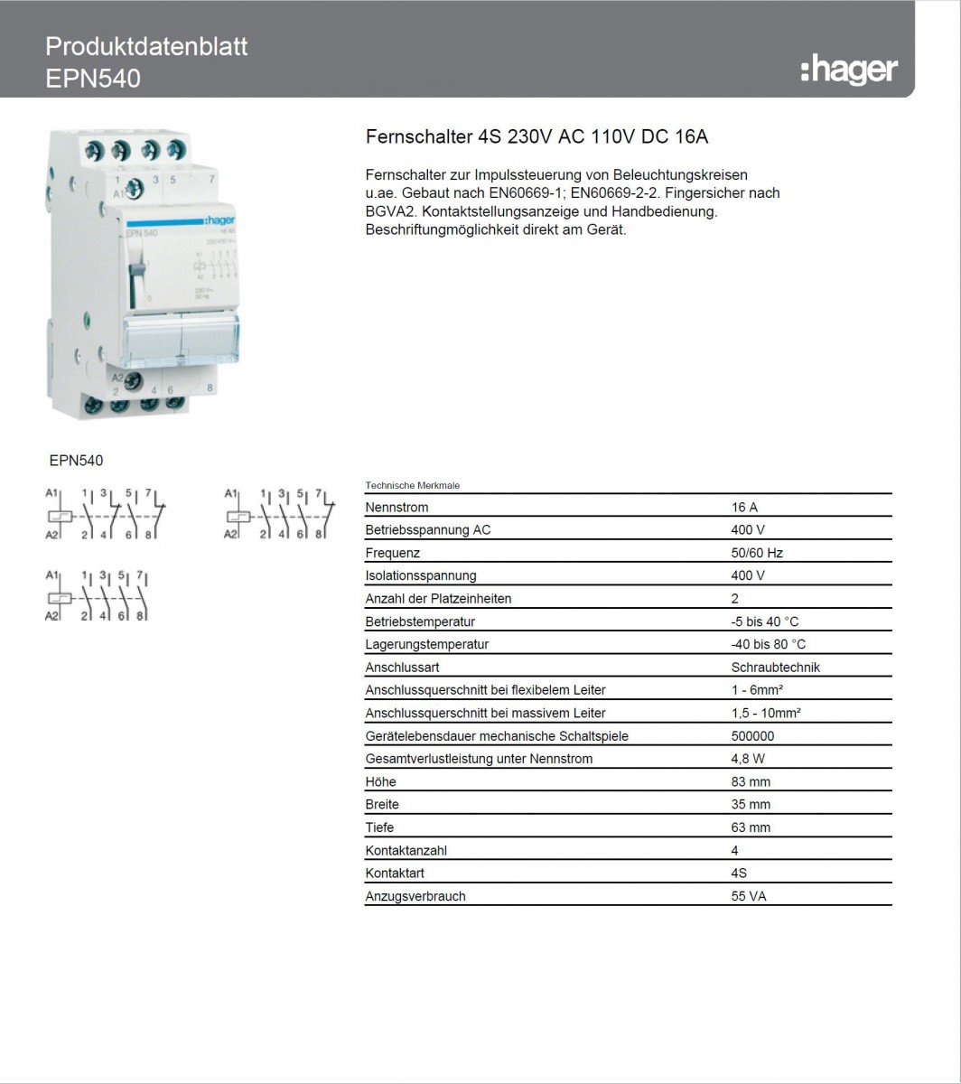 Hager EPN540 télérupteur 230 V 16 a 4 NA