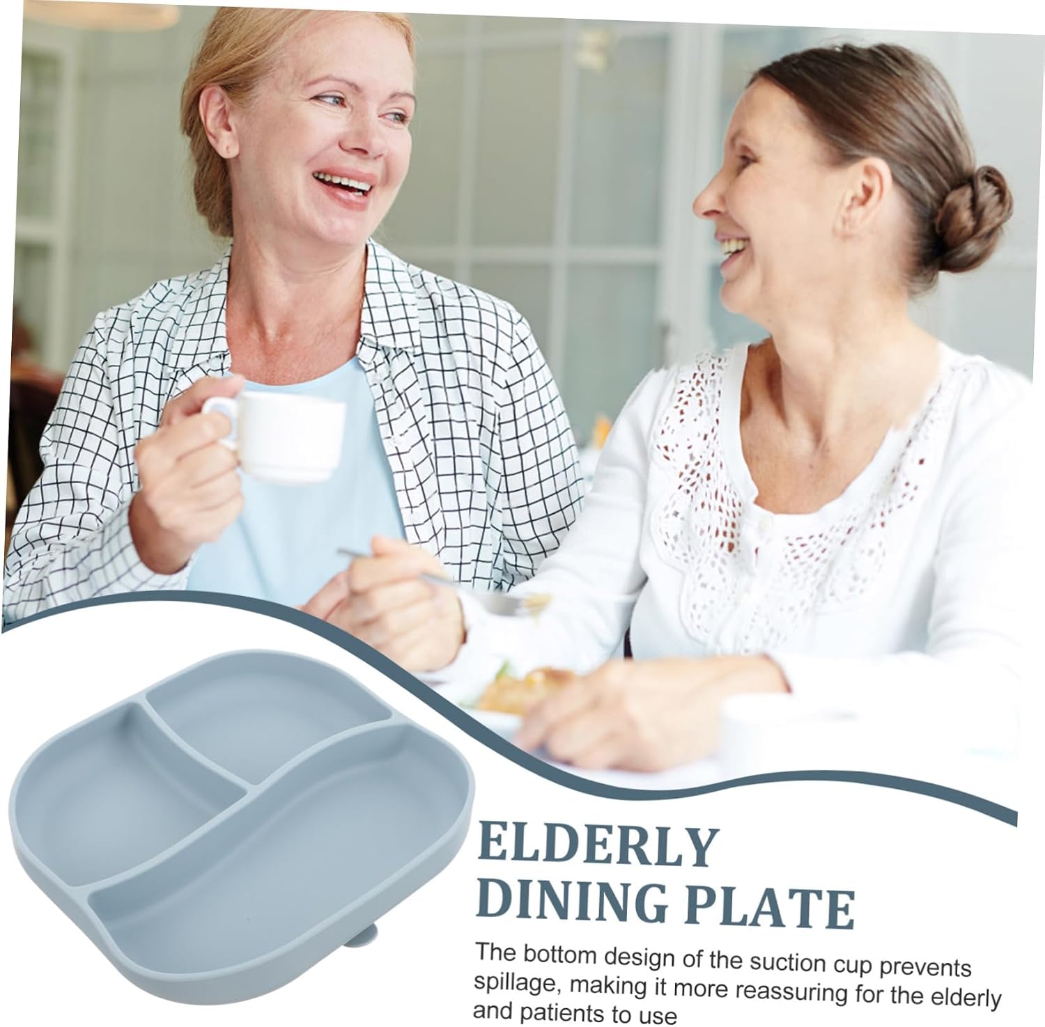 Silicone Divided Plate with Suction Cup for Elderly and Patients Adaptive Anti-Rolling Food Plate for Self-Service Meals Food Grade Flexible Silicone 7.87X6.69X1.37 Inches