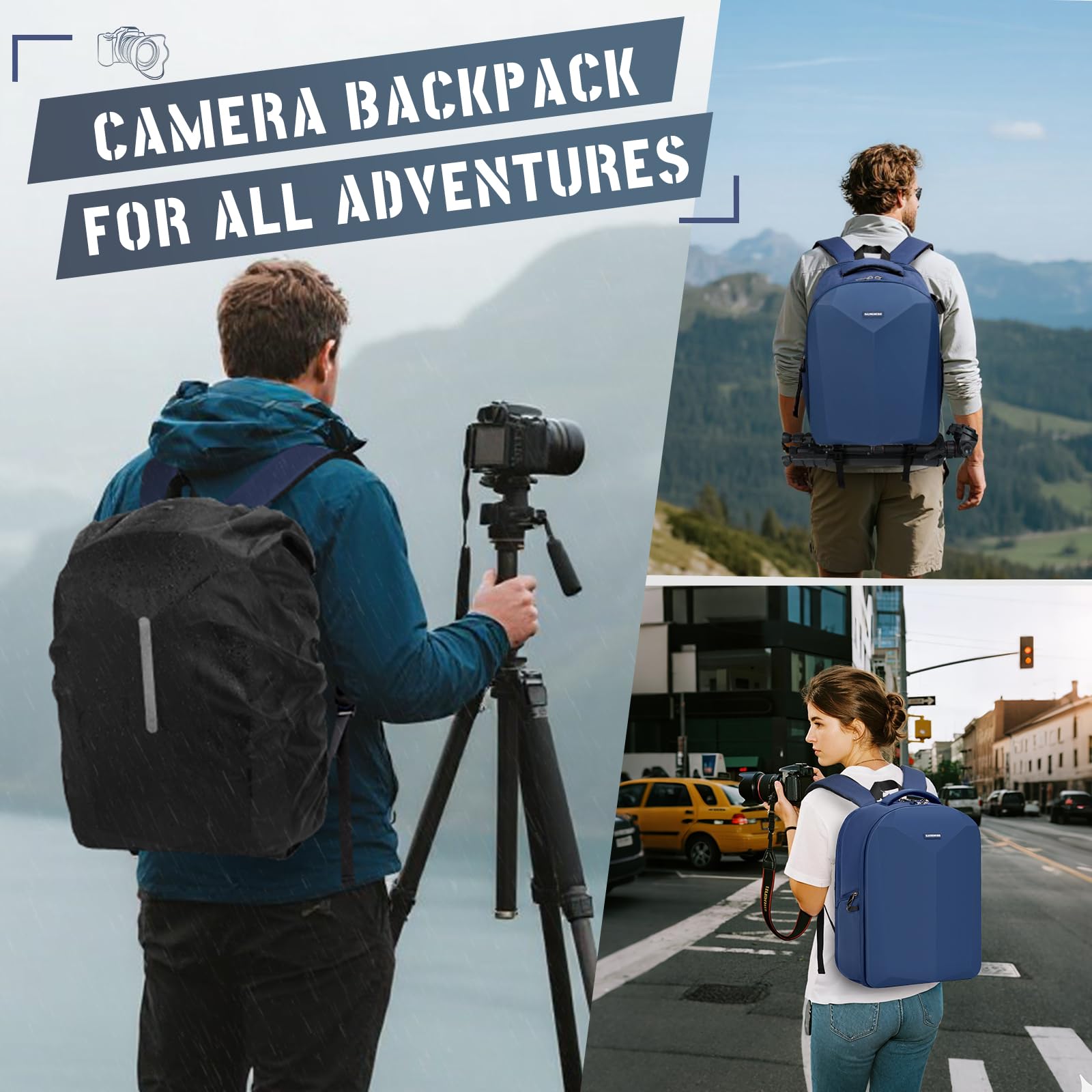 RAINSMORE Zaino per fotocamera DSLR/SLR Borsa per fotocamera con copertura antipioggia per fotografi Zaino impermeabile per laptop professionale