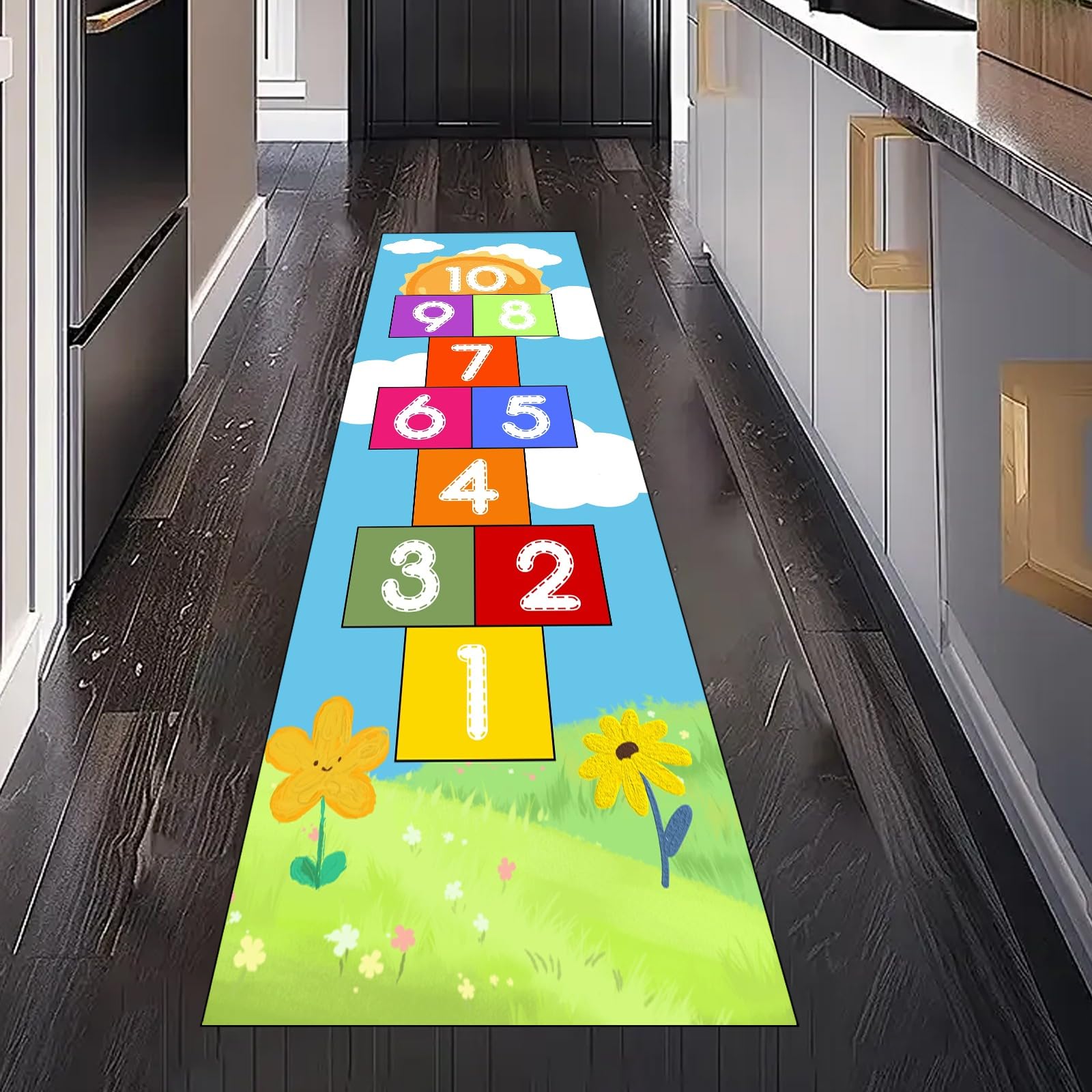 Dessin Animé Marelle Tapis de Passage 50 x 150 cm, Mignon Fleur Enfant Numéro Tapis Cuisine Antidérapant Lavable, Carpet Interieur pour Salon Chambre à Coucher Descente de lit Entree