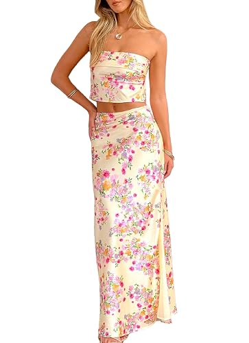 Faretumiya Women Elegant Maxi Skirt Set Strapless Backless Tube Crop Top Slit Long Skirt Floral Satin Two Piece Y2k Outfits