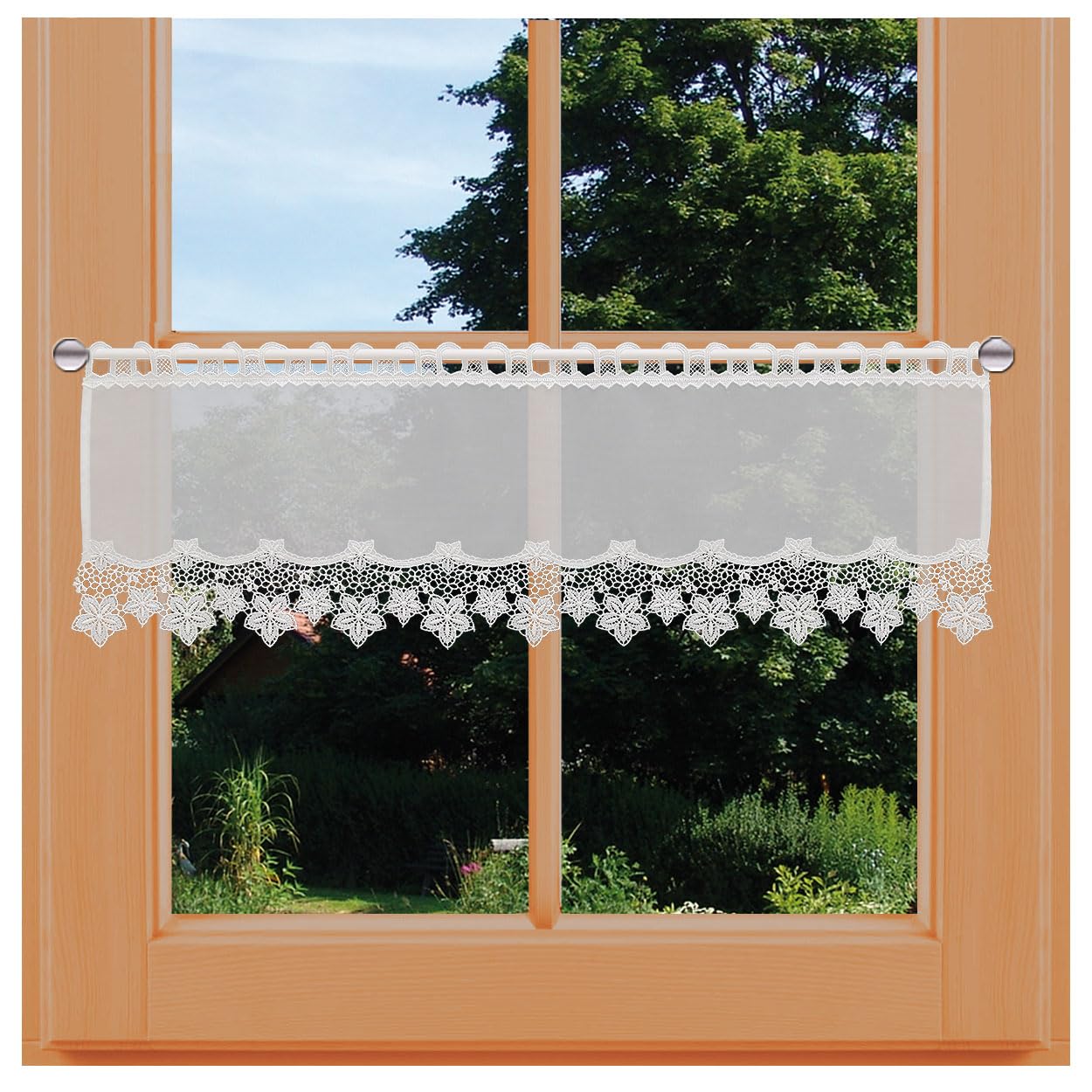 Scheibengardine 'Herz' Rot-weiß – Vogtländische Spitze, Landhausstil, 40 Cm Hoch, Breite Wählbar (64-208 Cm)