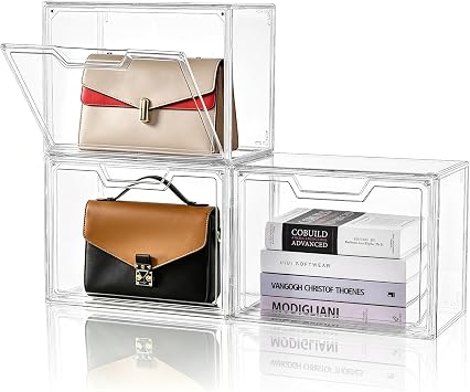 Purse Organizer for Closet,Clear Acrylic Display Case for Handbag Organizer, Purse Storage Box with Magnetic Door, Plastic Storage Bins for Book, Collectibles, Cosmetic 3 Pack