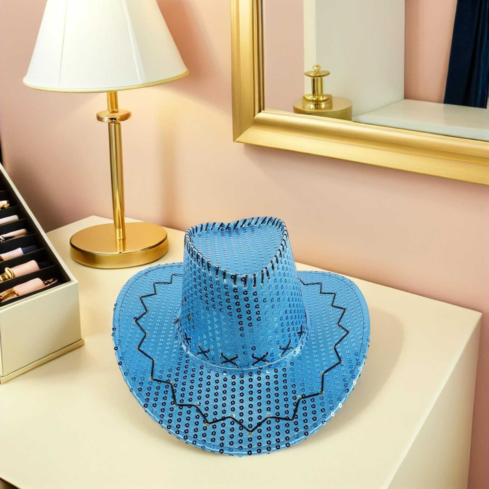 PACKOVE 5 Piezas Sombrero Vaquero para Mujer con Lentejuelas y ala Ancha, Tejido Cómodo y Plástico Resistente, Adecuado para Eventos al Aire Libre y Festivales de Fiesta